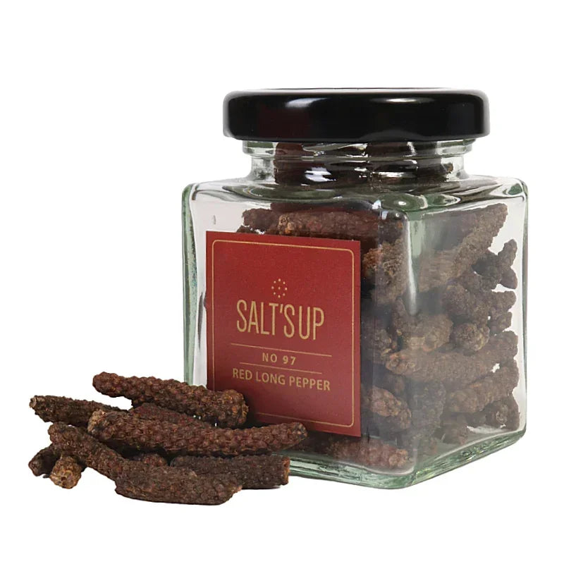 Glass jar of Salt's Up No 97 red long pepper, gourmet spice at Spice n Slice Market