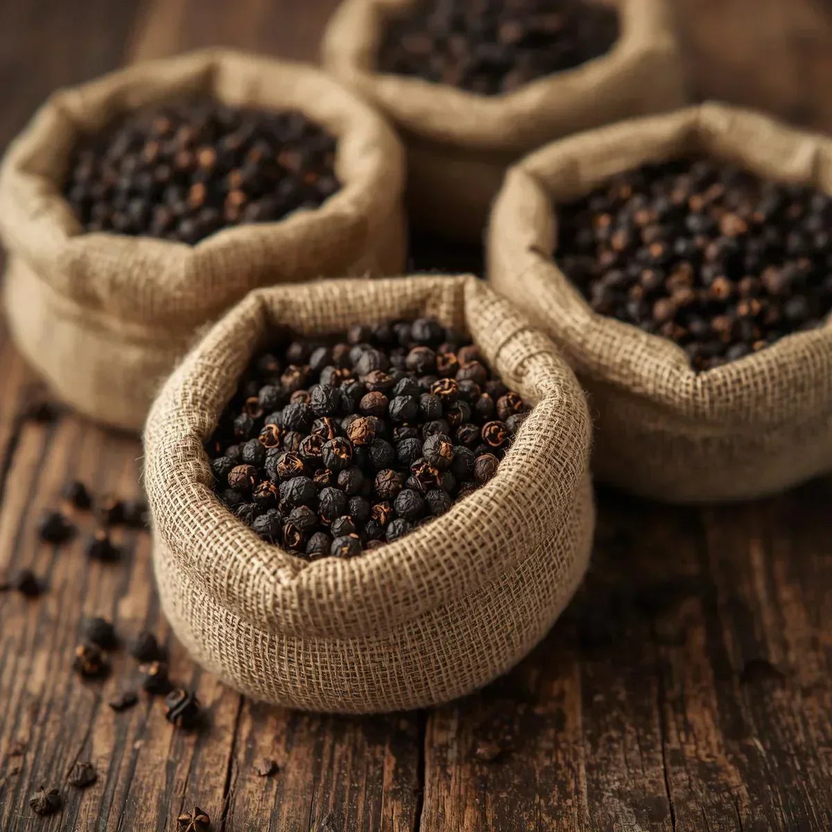  burlap sacks filled with dried black peppercorns on rustic wooden surface