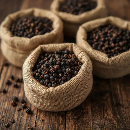  burlap sacks filled with dried black peppercorns on rustic wooden surface