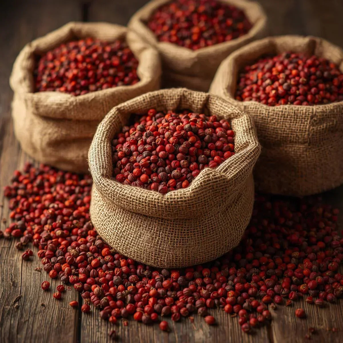 Four burlap sacks filled with red peppercorns on a rustic wooden surface with some spilled peppercorns