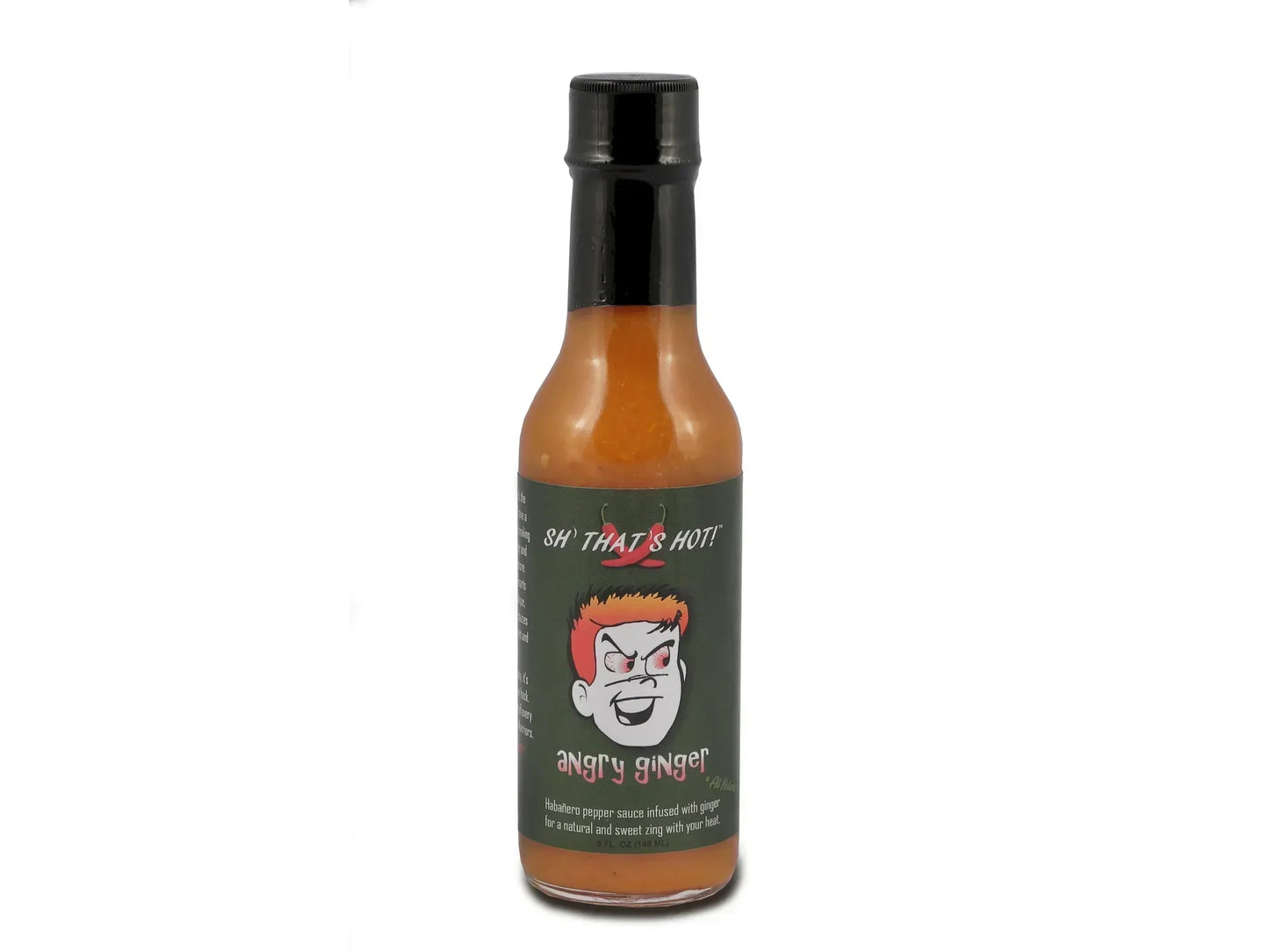 Habanero pepper hot sauce bottle labeled Angry Ginger with cartoon face and black cap