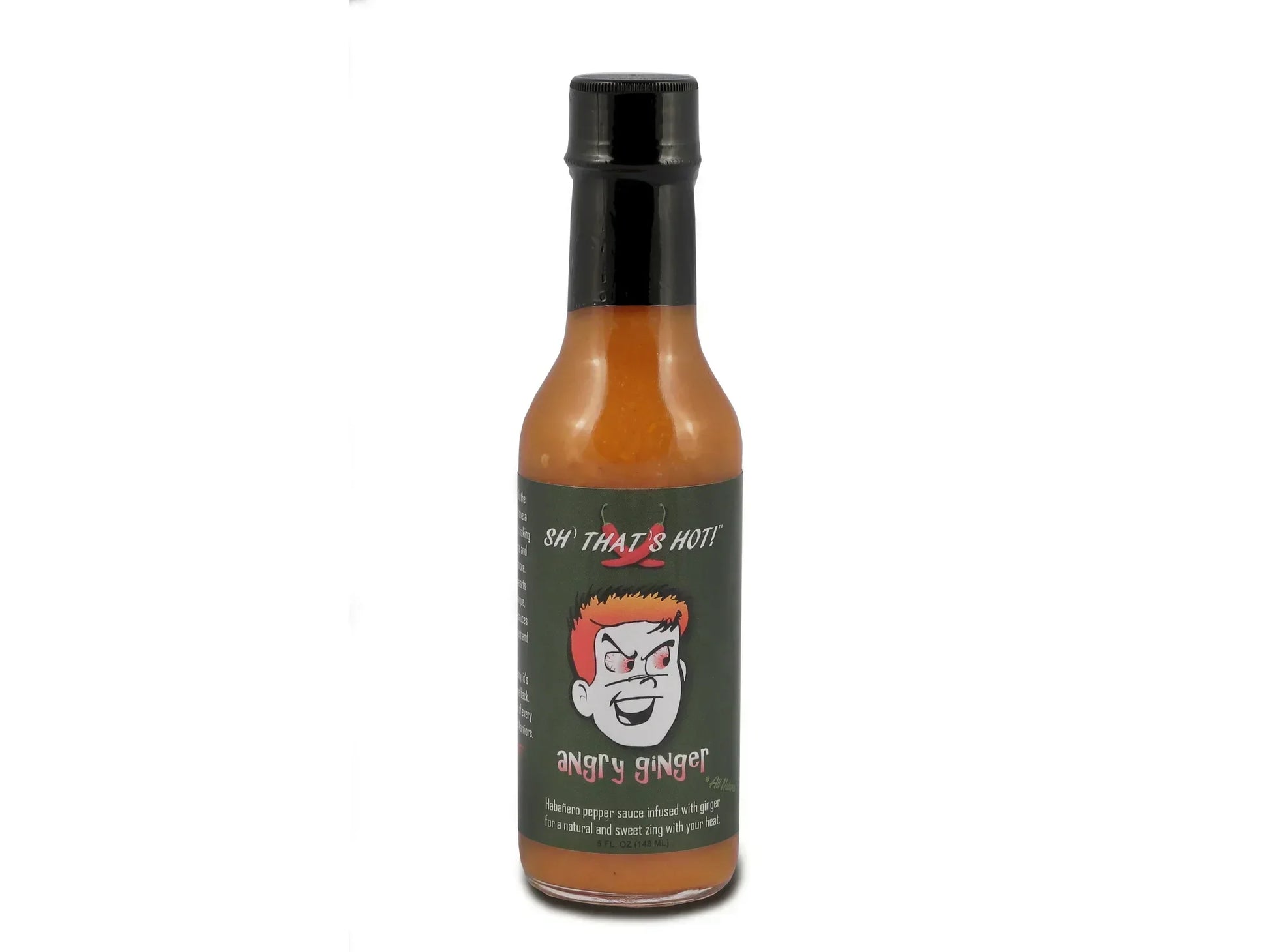 Habanero pepper hot sauce bottle labeled Angry Ginger with cartoon face and black cap