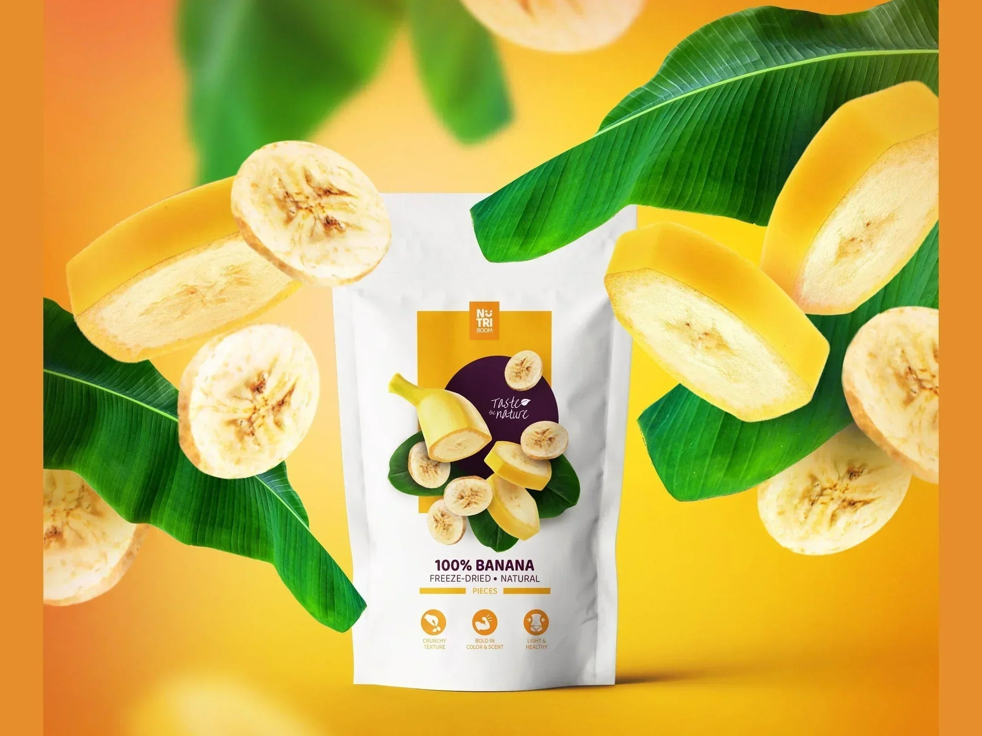 Freeze-dried banana slices with green leaves and a bag of 100% natural banana snacks