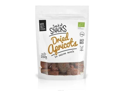 Organic dried apricots in a clear 250g resealable snack pouch.