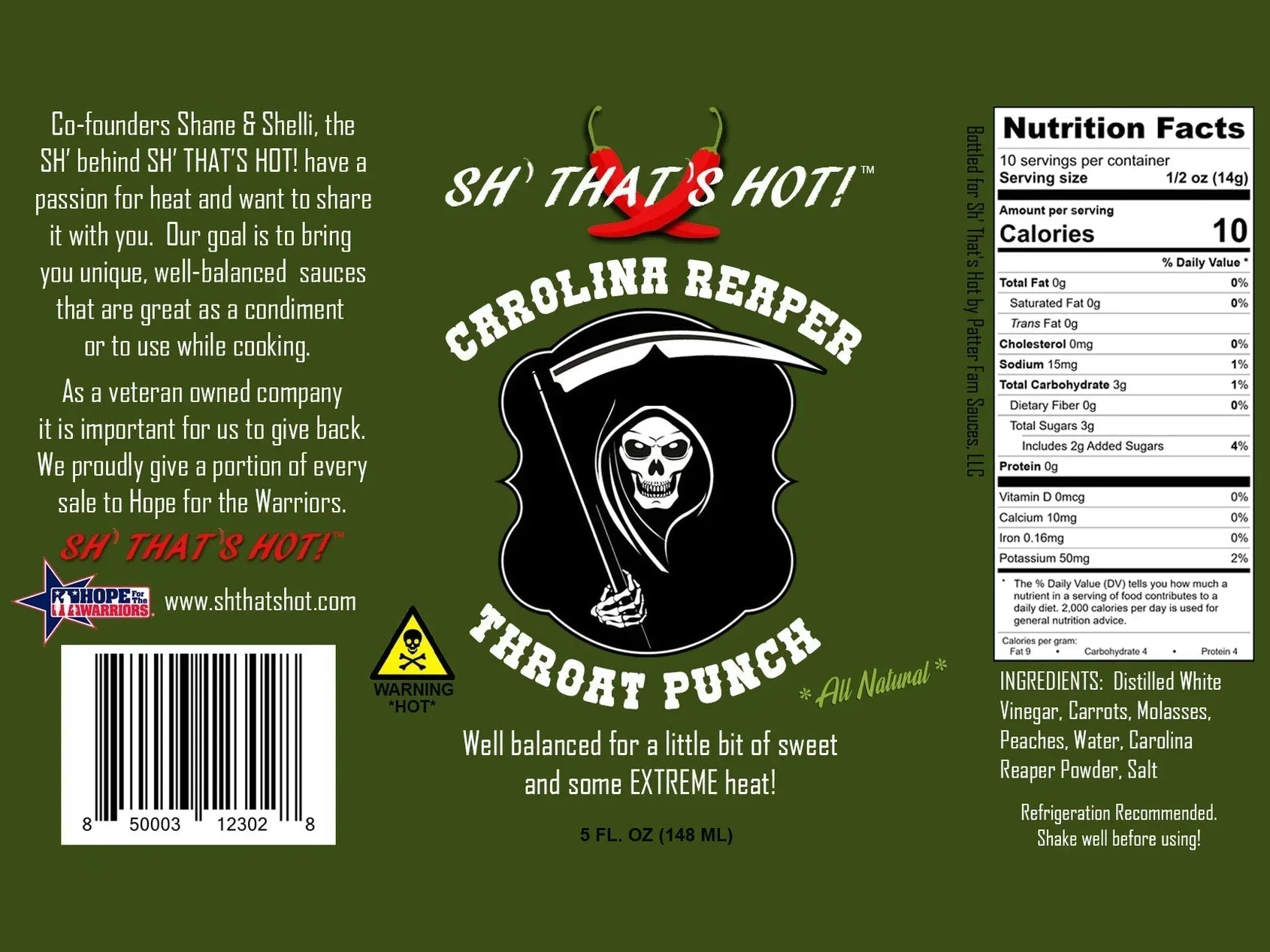 Carolina Reaper hot sauce label with skull graphic, product info, nutrition facts, and ingredients.