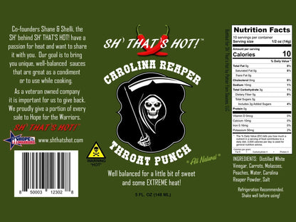 Carolina Reaper hot sauce label with skull graphic, product info, nutrition facts, and ingredients.