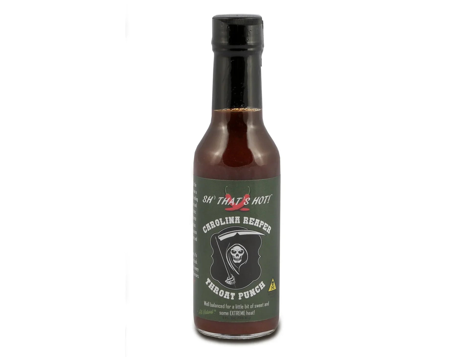 Carolina Reaper hot sauce bottle with black cap and skull label on white background