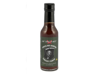 Carolina Reaper hot sauce bottle with black cap and skull label on white background