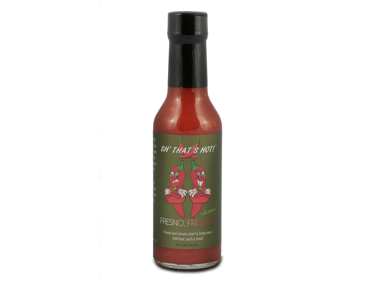 Bottle of Fresno Fres-Yes artisan hot sauce with cartoon chili pepper label on white background