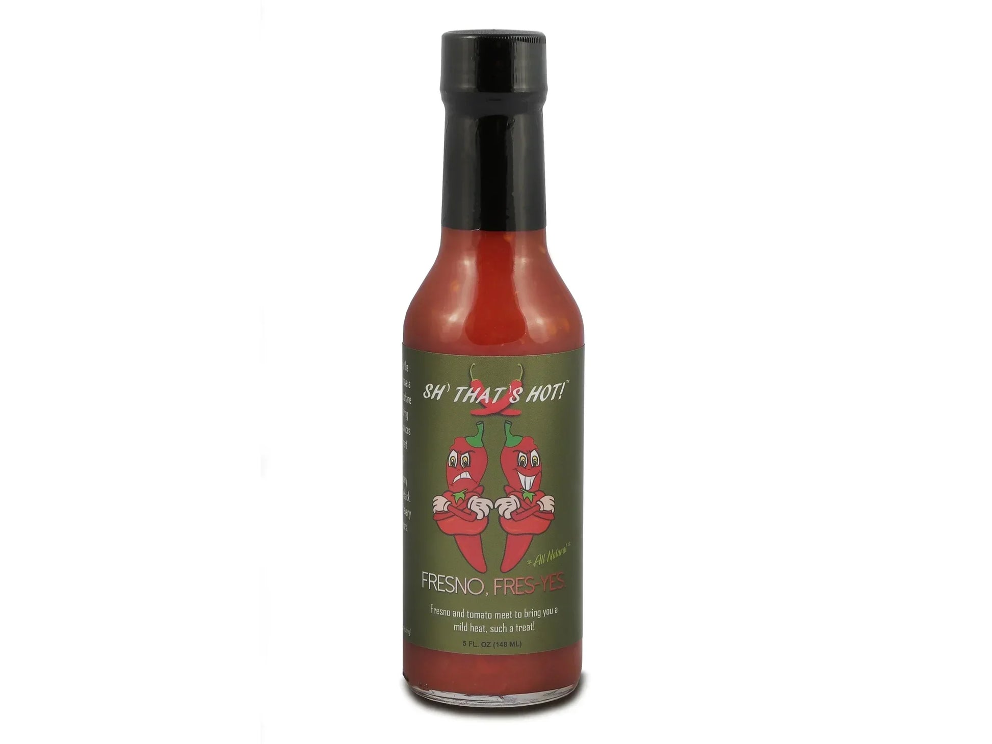 Bottle of Fresno Fres-Yes artisan hot sauce with cartoon chili pepper label on white background