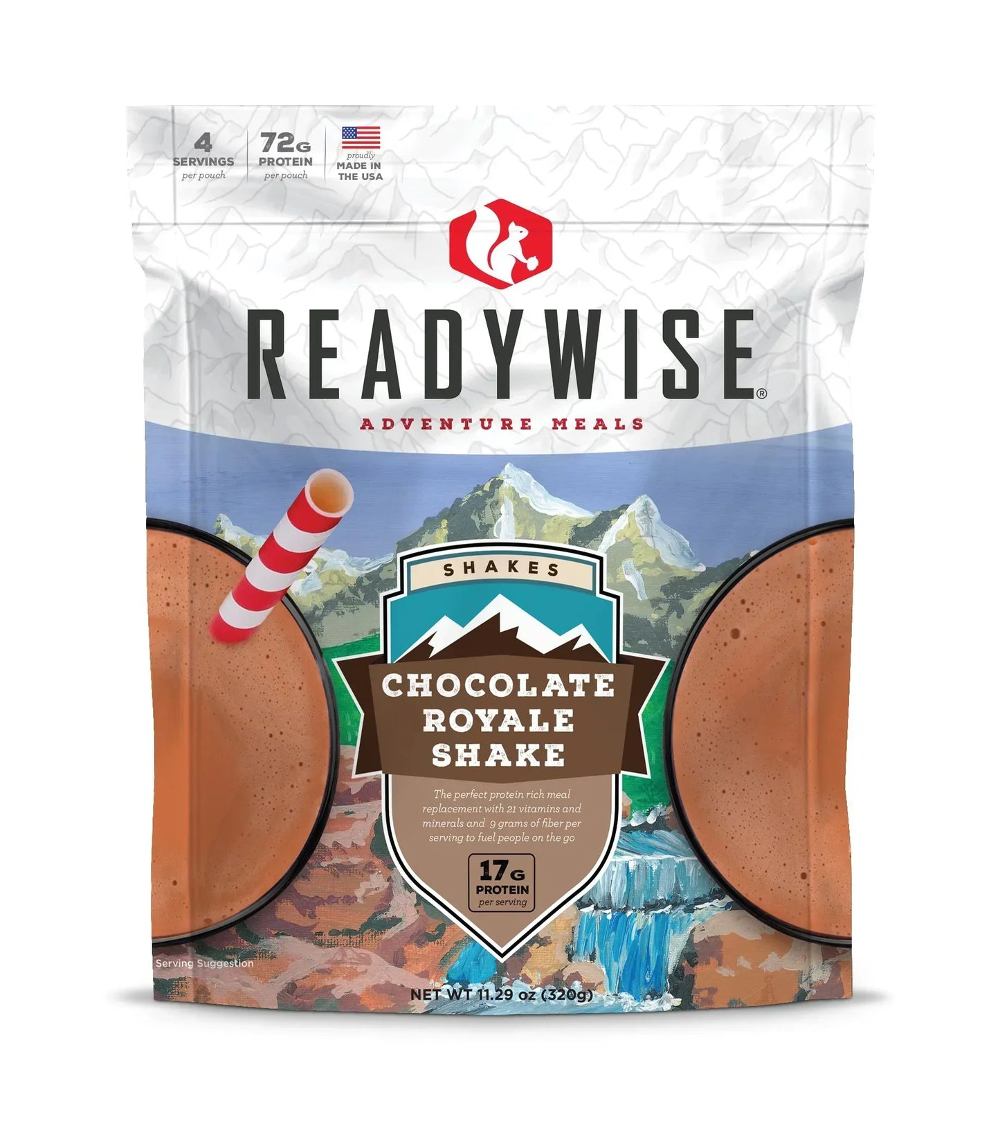 ReadyWise Chocolate Royale Shake pouch with mountain scenery and chocolate shake illustration