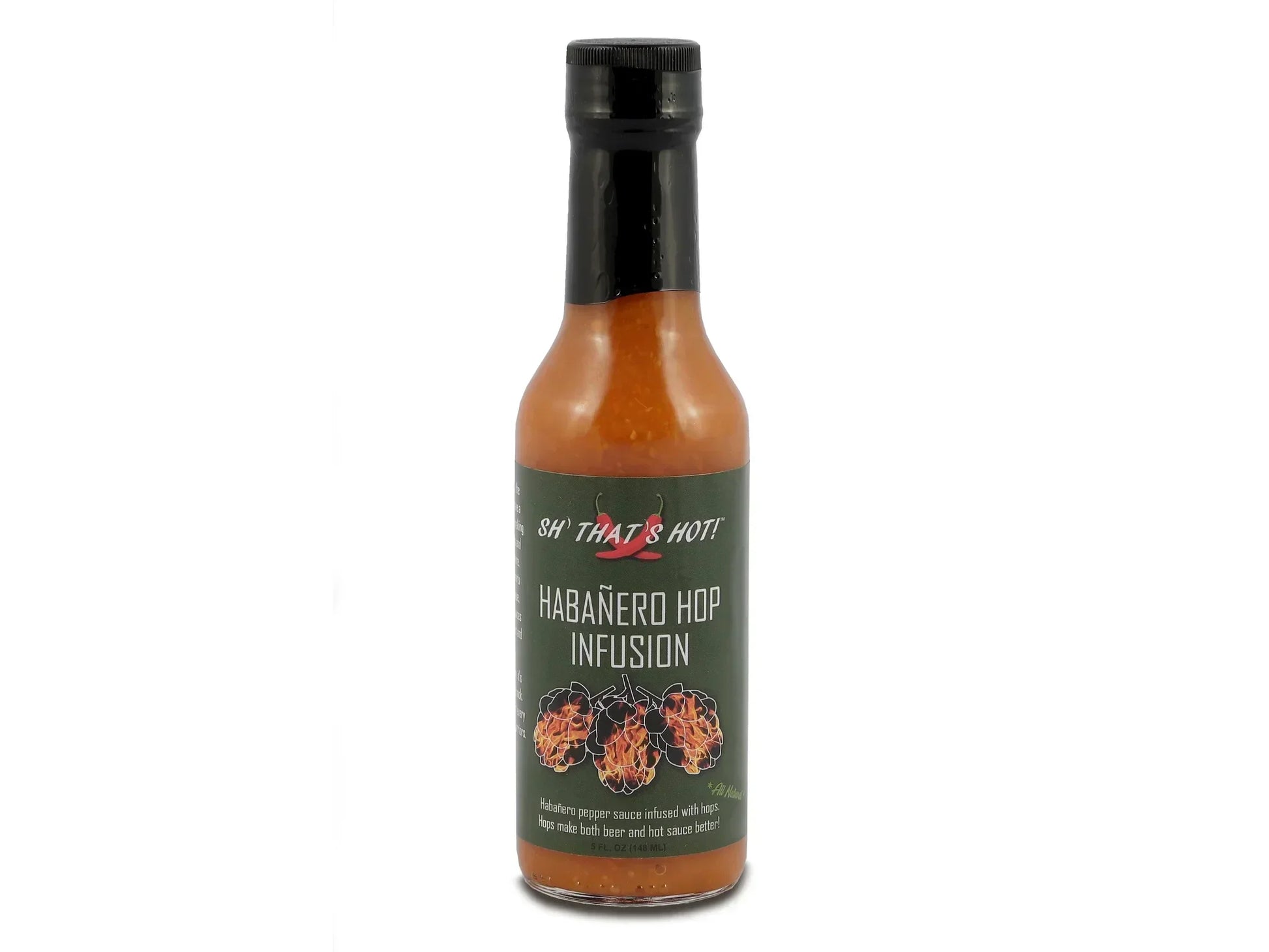 Bottle of Habanero Hop Infusion hot sauce with green label and hop illustrations