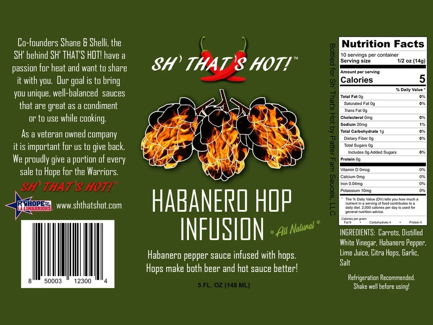 Habanero Hop Infusion hot sauce label with flaming hops, ingredient list, and nutrition facts.