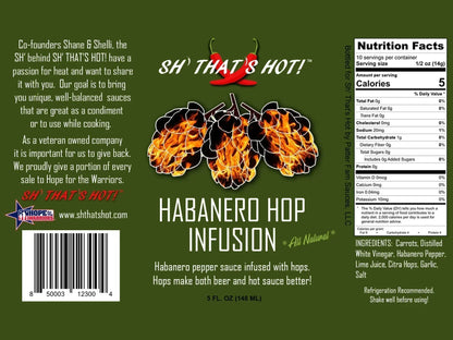 Habanero Hop Infusion hot sauce label with flaming hops, ingredient list, and nutrition facts.