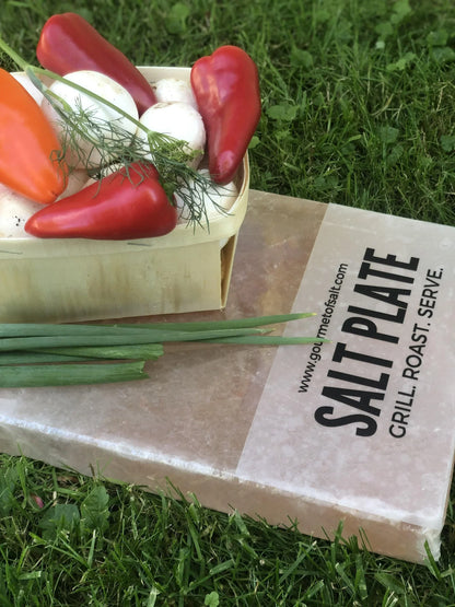 Fresh peppers, mushrooms, and herbs in a basket beside a salt plate for grilling outdoors