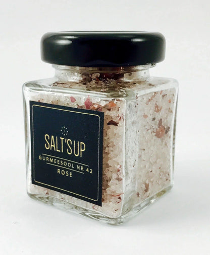 Salt's Up rose gourmet salt in a square glass jar with black lid, Spice n Slice Market