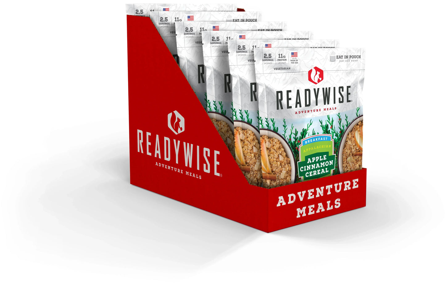 ReadyWise Apple Cinnamon Cereal adventure meal packs in red display box