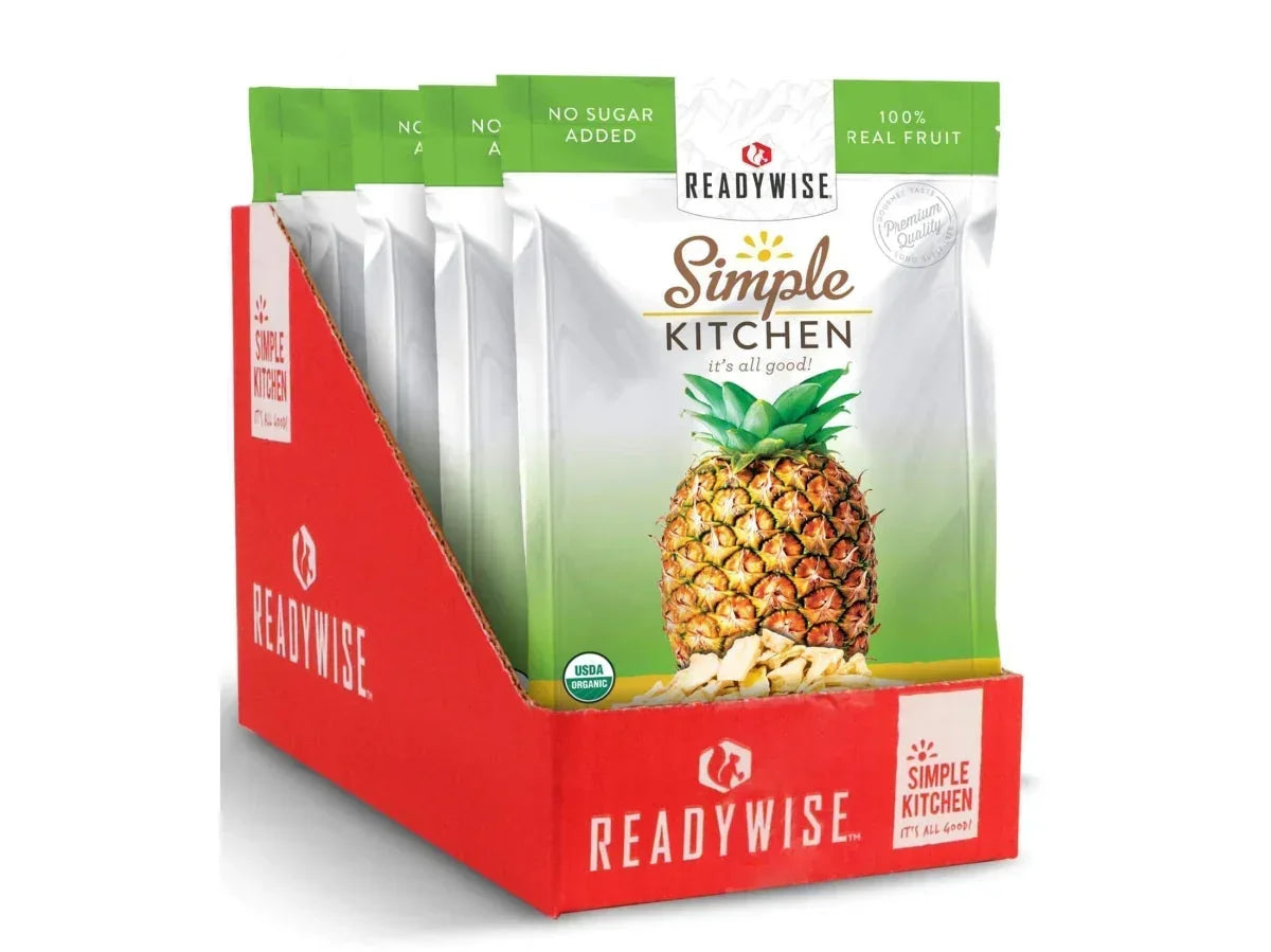 Box of ReadyWise Simple Kitchen organic dried pineapple fruit snack pouches