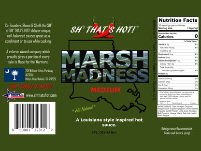 Marsh Madness Medium Louisiana style hot sauce bottle label with nutrition facts and ingredient list