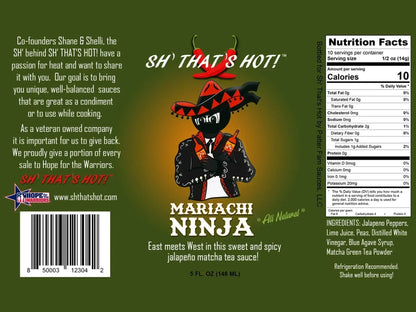 Mariachi Ninja hot sauce label with cartoon mariachi ninja, ingredients, and nutrition facts