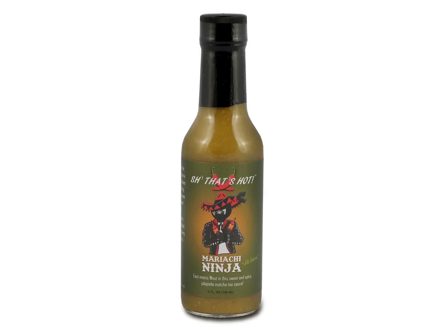 Mariachi Ninja hot sauce bottle with green label and cartoon character illustration