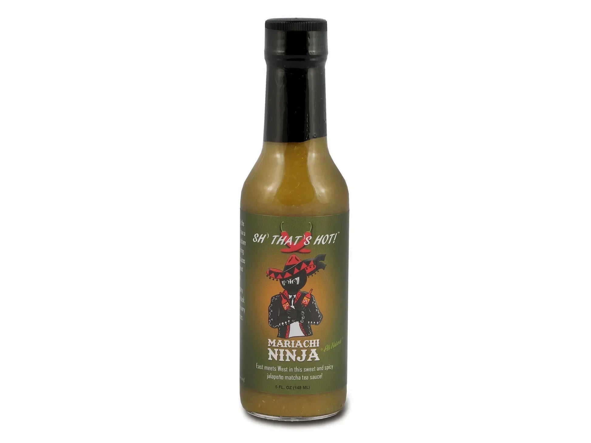 Mariachi Ninja hot sauce bottle with green label and cartoon character illustration