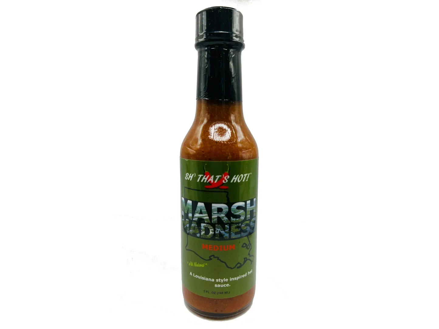 Marsh Madness medium hot sauce bottle, Louisiana style, on white background