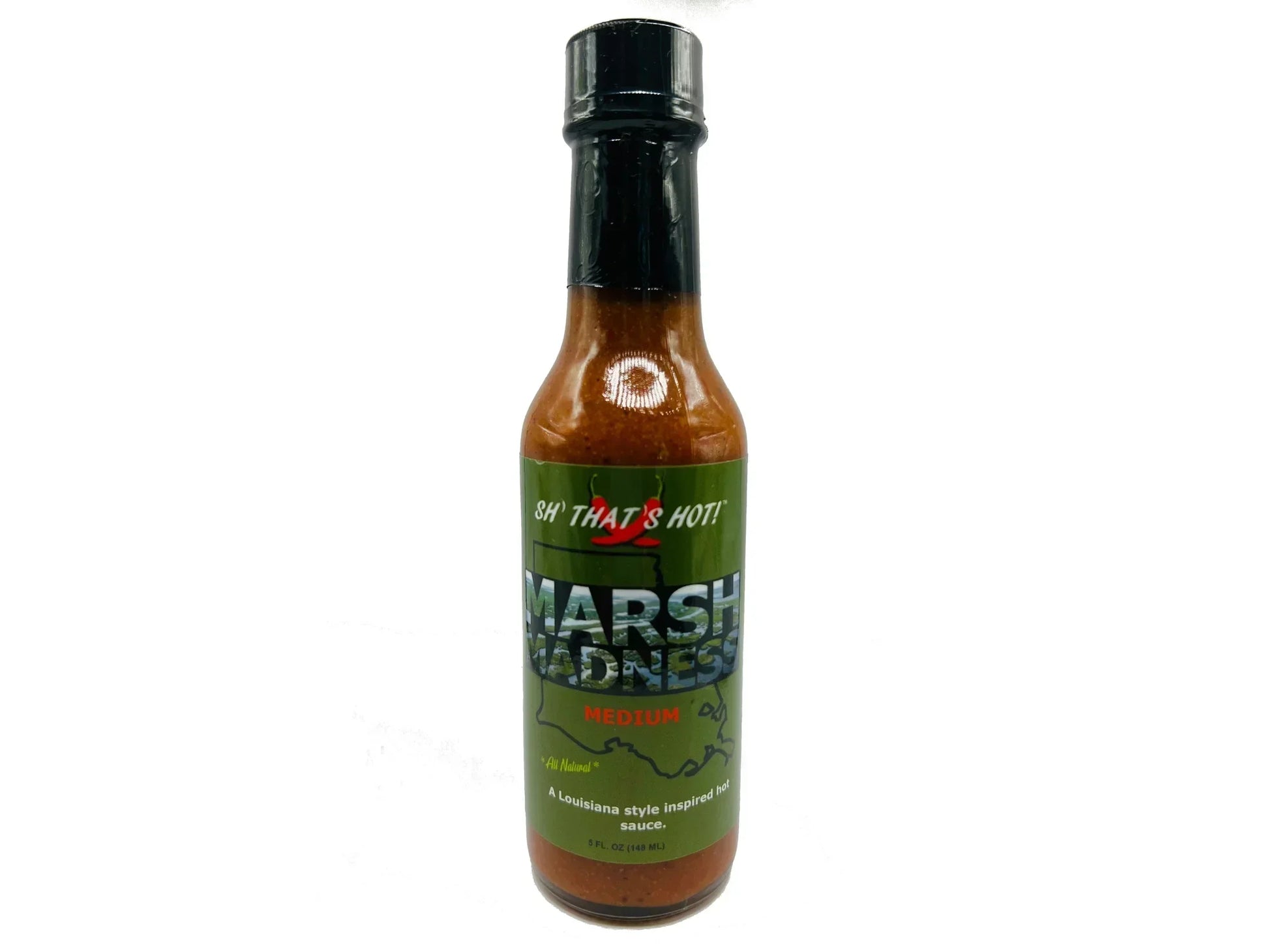 Marsh Madness medium hot sauce bottle, Louisiana style, on white background
