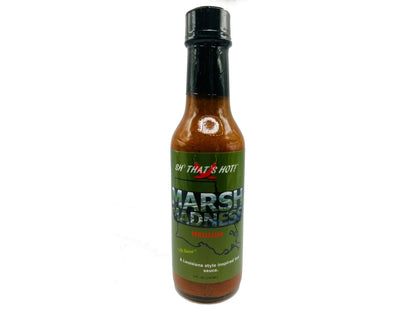 Marsh Madness medium hot sauce bottle, Louisiana style, on white background