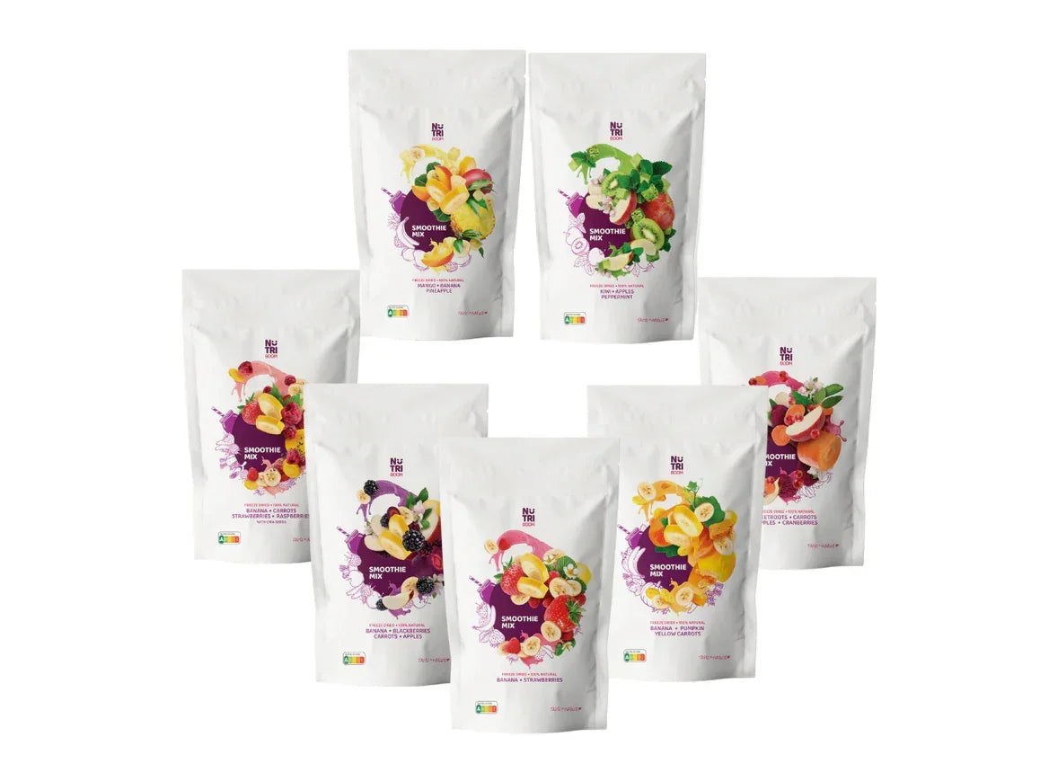 Assorted freeze-dried fruit snack bags, including banana, apple, and berry smoothie mixes.