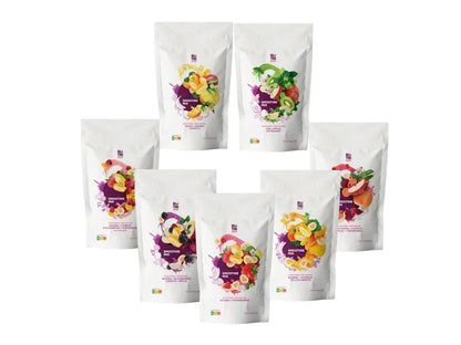 Assorted freeze-dried fruit snack bags, including banana, apple, and berry smoothie mixes.