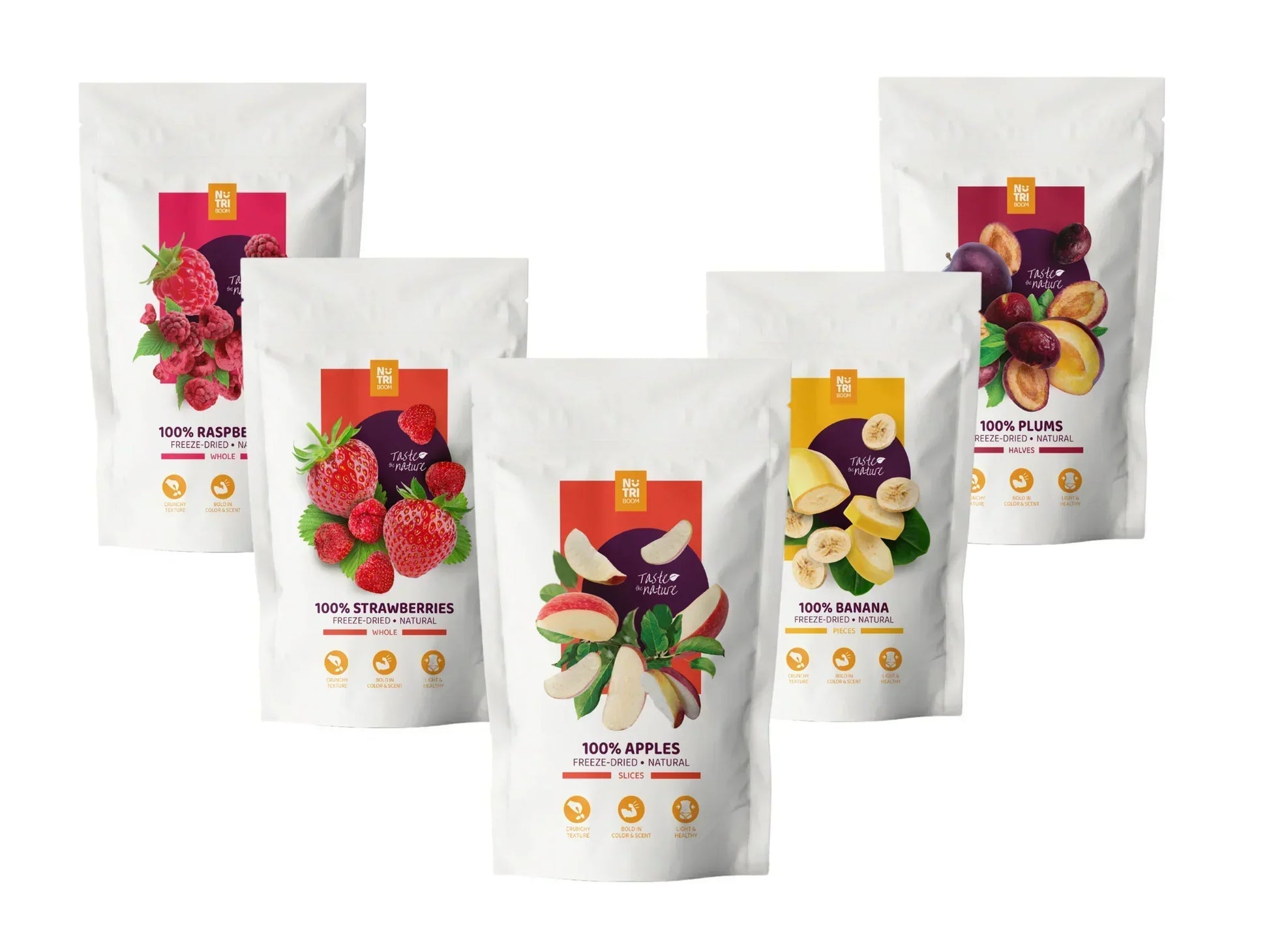 Set of five freeze-dried fruit pouches featuring apples, strawberries, raspberries, banana, and plums.