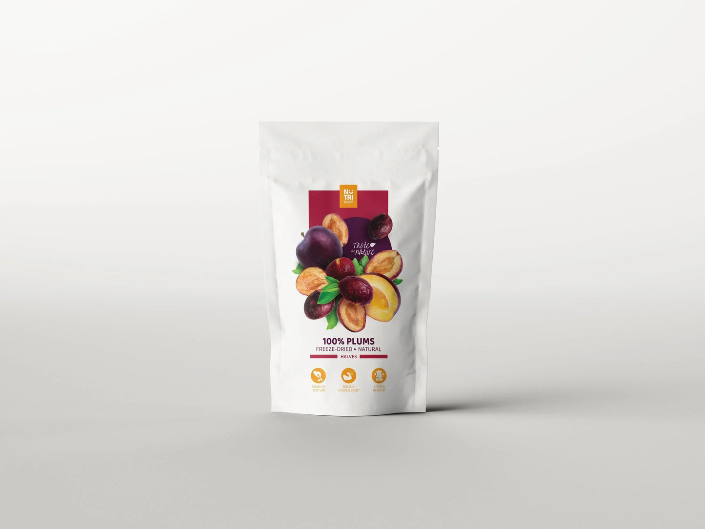 Organic freeze-dried plum halves in white pouch, Spice n Slice Market dried fruit product