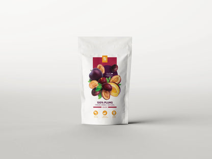 Organic freeze-dried plum halves in white pouch, Spice n Slice Market dried fruit product