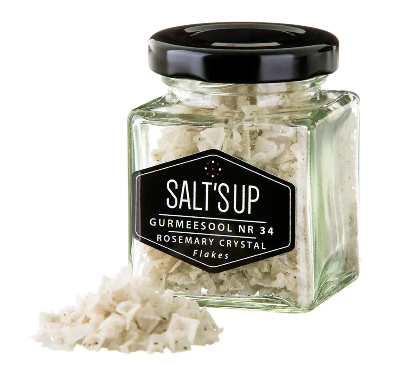 Square glass jar of Salt'sUp rosemary crystal flakes with salt pile, Spice n Slice Market gourmet seasoning