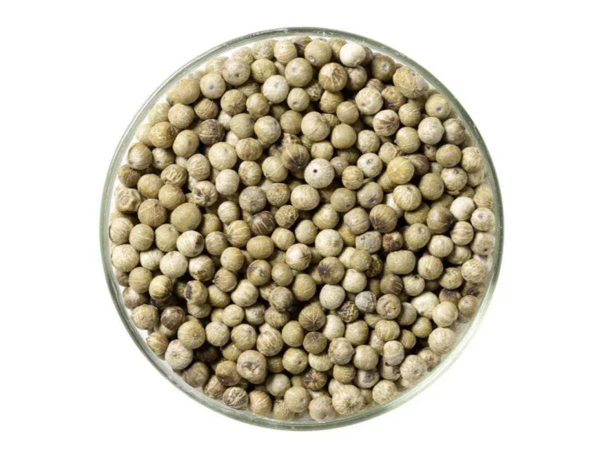 Bowl filled with whole white peppercorns on white background, authentic spice ingredient