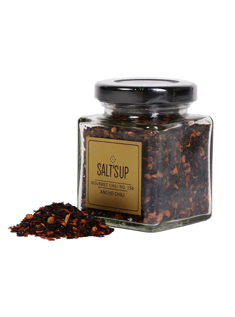 Salt's Up ancho chili flakes in glass jar, gourmet spice at Spice n Slice Market