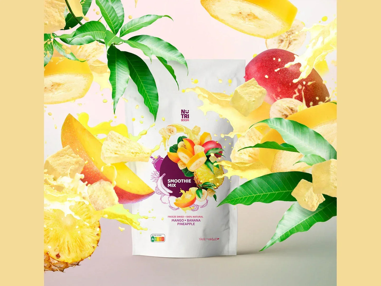 Freeze-dried smoothie mix with banana, mango, pineapple, and exotic yellow fruits