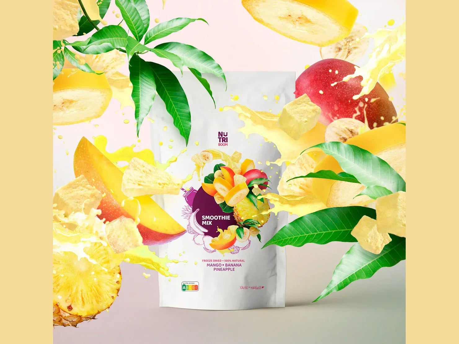 Freeze-dried smoothie mix with banana, mango, pineapple, and exotic yellow fruits