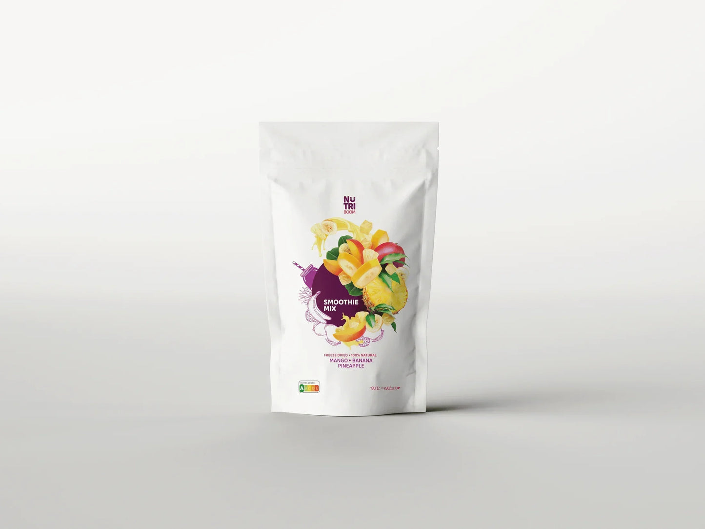 Freeze-dried smoothie mix with banana, mango, pineapple, and berries in white pouch