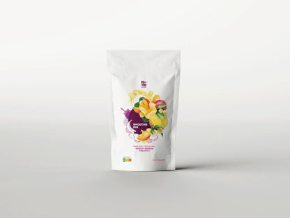 Freeze-dried smoothie mix with banana, mango, pineapple, and berries in white pouch