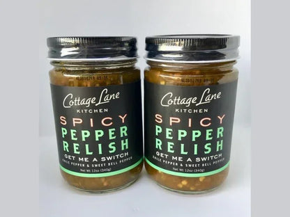 Two jars of spicy pepper relish with chile pepper and sweet bell pepper, 12oz each