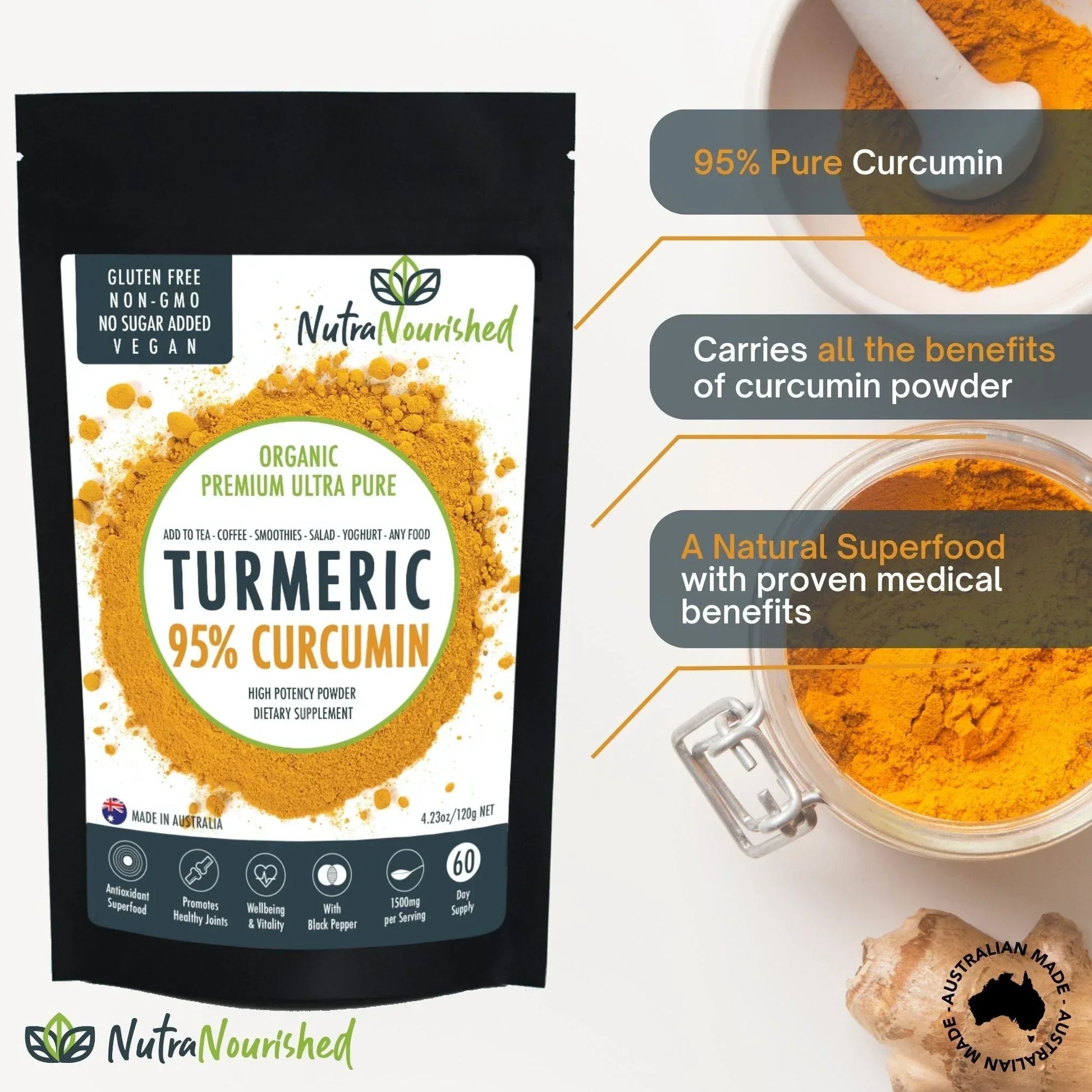 Organic turmeric 95% curcumin powder pouch with turmeric spice and fresh root
