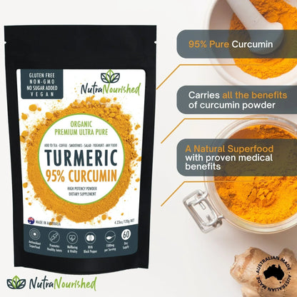 Organic turmeric 95% curcumin powder pouch with turmeric spice and fresh root