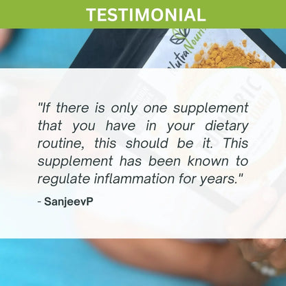 Testimonial image for curcumin supplement powder showing product package and positive review.