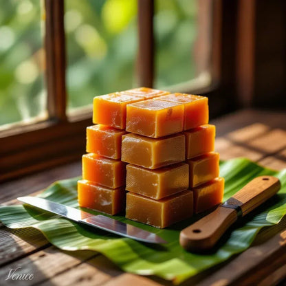 Stack of orange soap bars on green leaf with wooden handle knife by window natural light