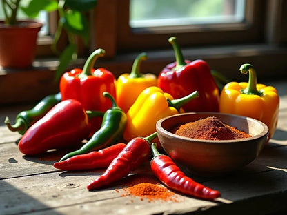 Fresh bell peppers and chili peppers with a wooden bowl of ground paprika on a rustic table