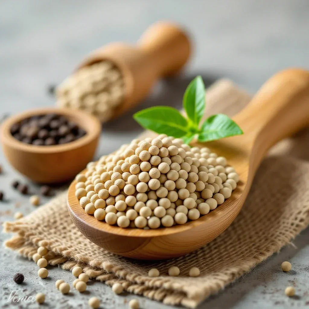 Close-up of white peppercorns in a wooden spoon with green leaves and black pepper in a bowl