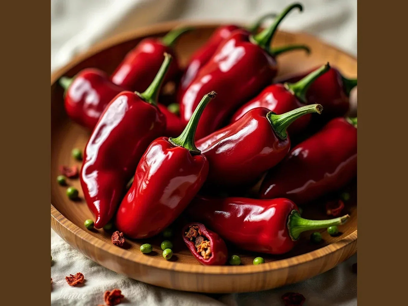 Fresh red chili peppers in a wooden bowl with green peppercorns, close-up shot