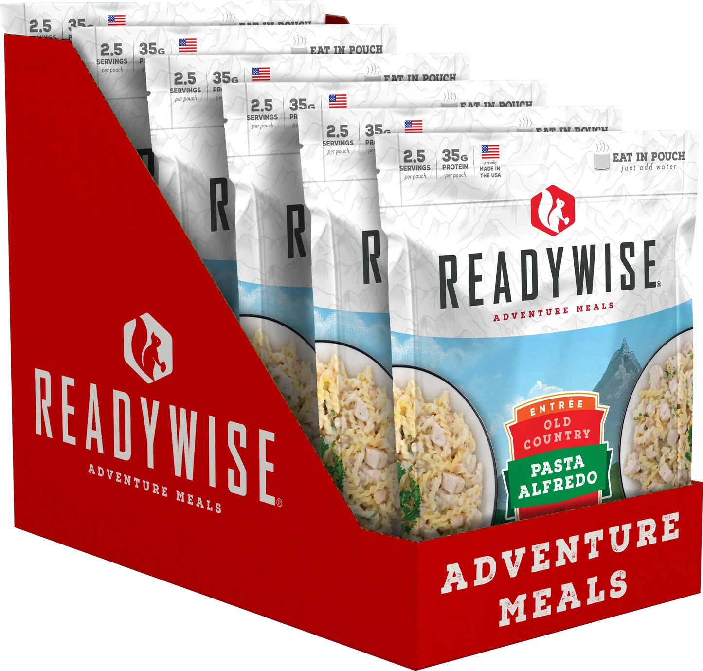 ReadyWise Adventure Meals Pasta Alfredo pouches in red retail display box